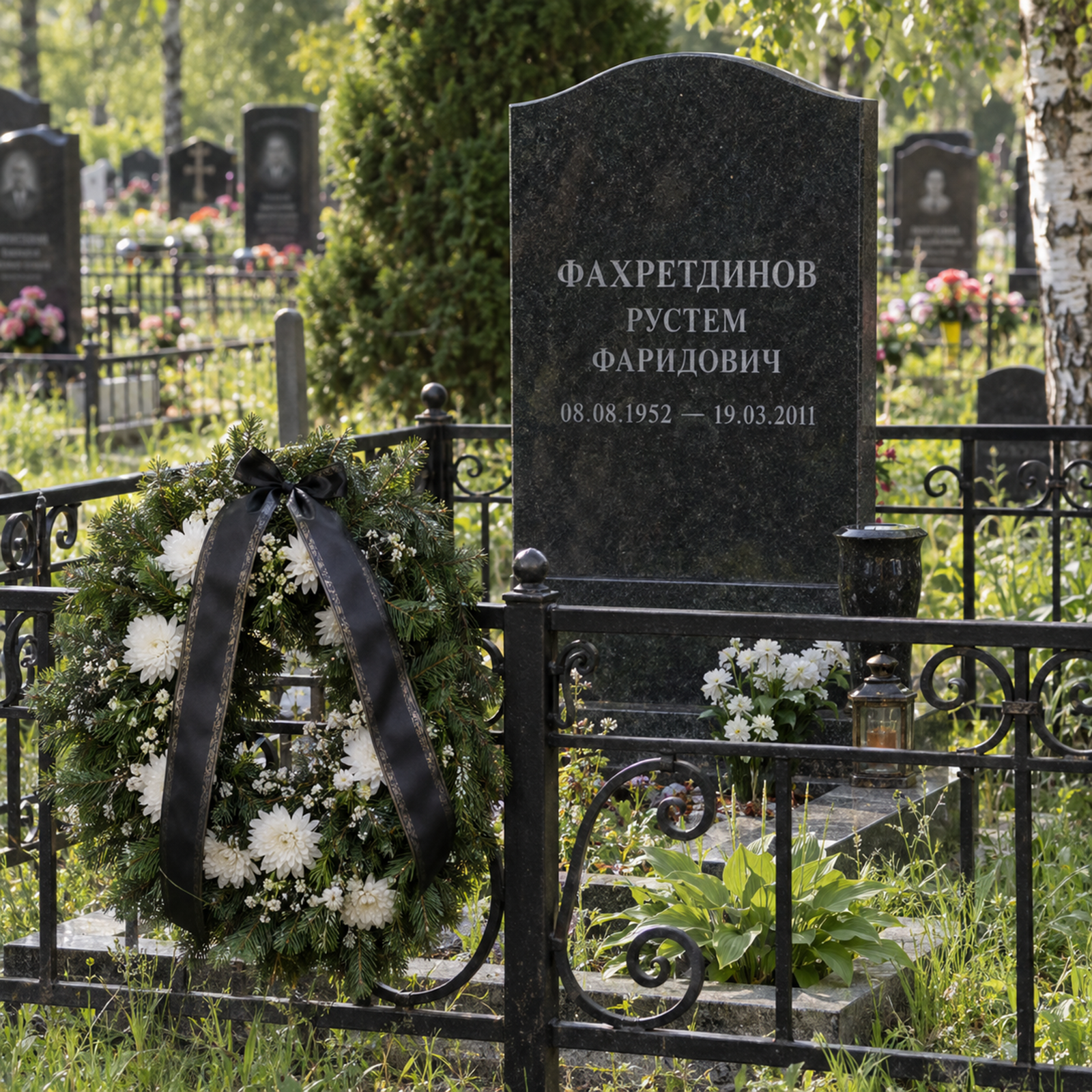 Траурный венок закреплён на металлической ограде у памятника